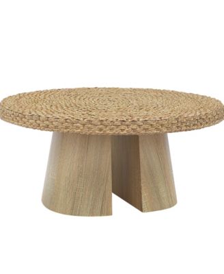 34" Water Hyacinth Woven Top Round Coffee Table