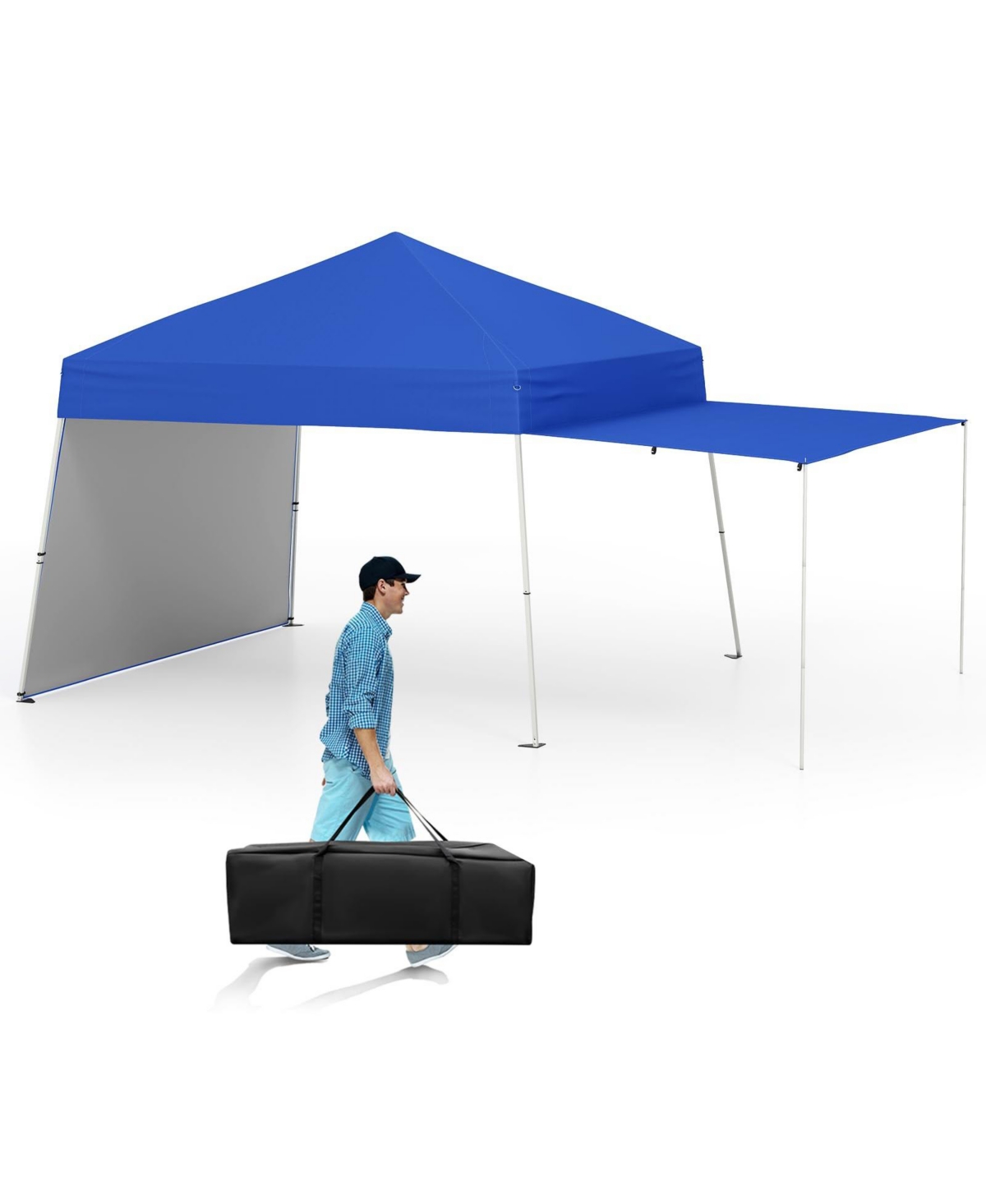 14 x 9.2 Feet Pop up Canopy Tent with 2 Convertible Sidewalls to Awning and Stakes - Blue