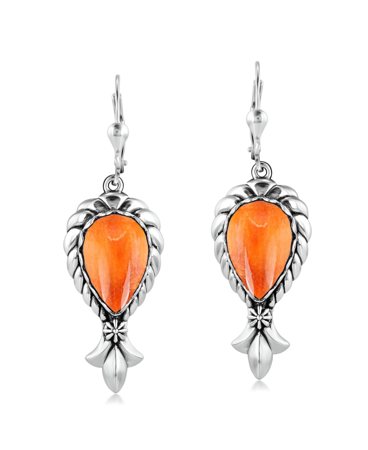 Sterling Silver Orange Spiny Oyster Pear Gemstone Squash Blossom Lever Back Earrings