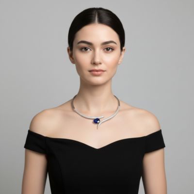 White Gold Plated with Blue Teardrop Cubic Zirconia & Clear CZ Accents Collar Necklace