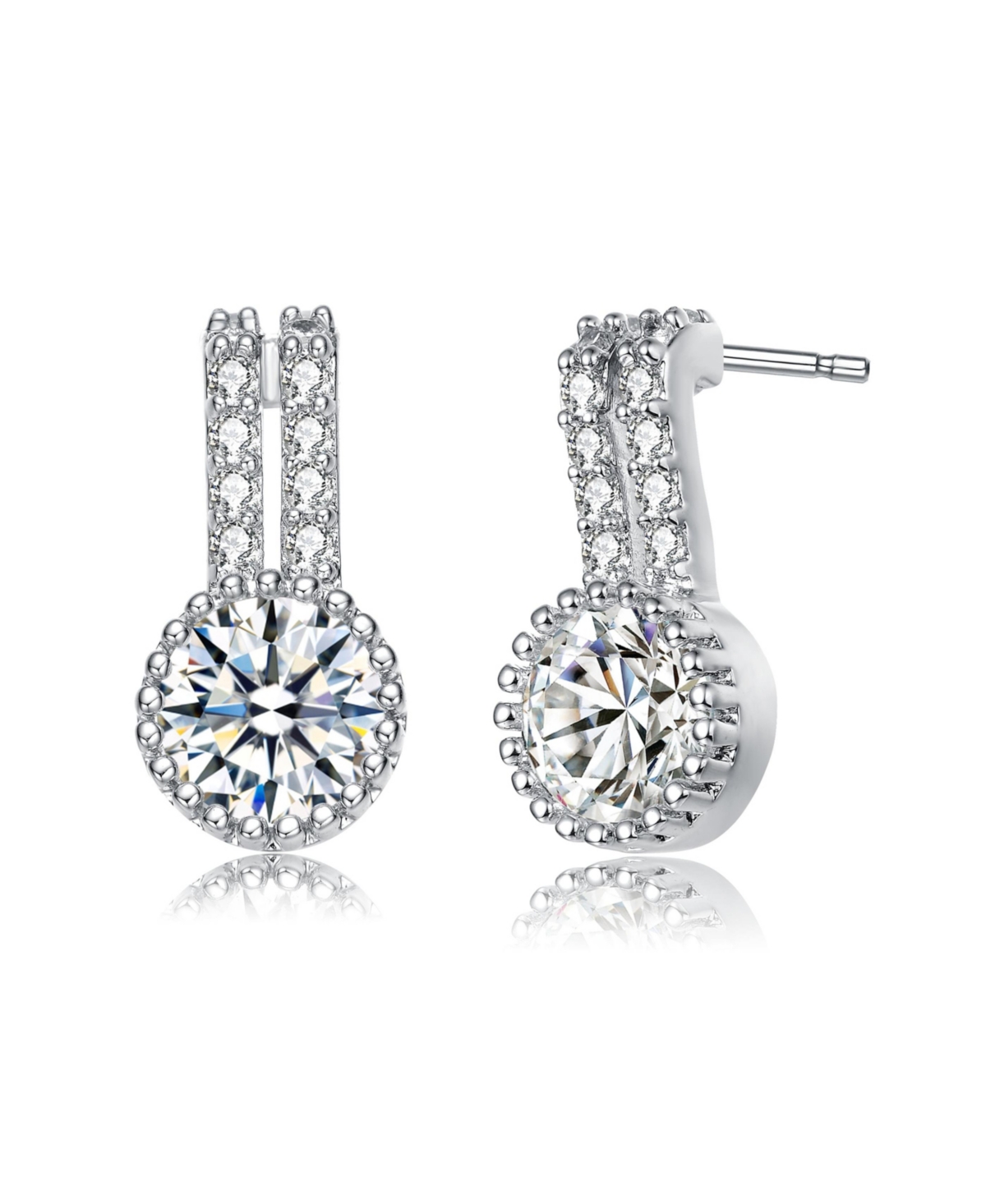 White Gold Plating with Clear Cubic Zirconia Solitaire Milgrain Double Drop Earrings - White