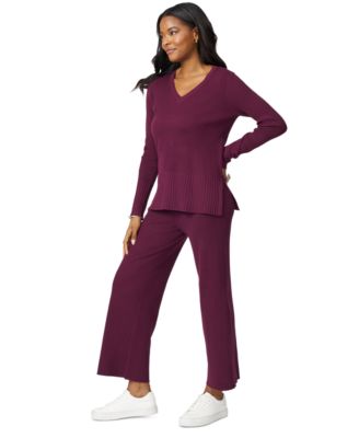 Women's Ribbed-Knit V-Neck Tunic & Pant Sweater Set 