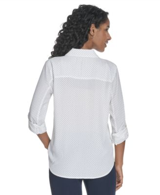 Women's Slim-Fit Pin-Dot Roll-Tab-Sleeve Shirt