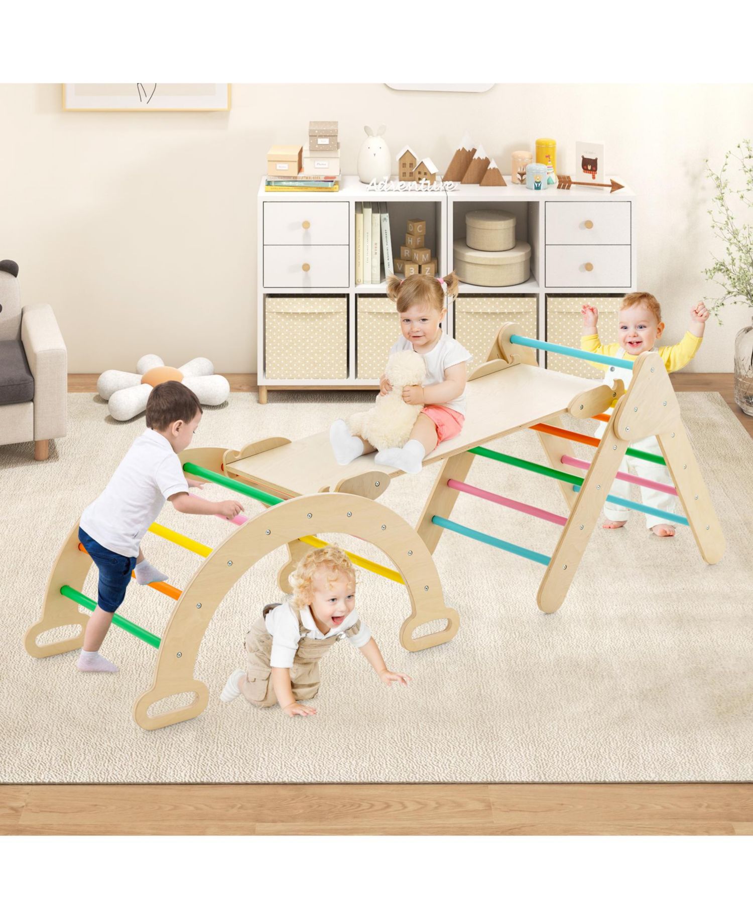 5-in-1 Wooden Triangle, Arch, and Ramp, 3-Piece Climbing Set