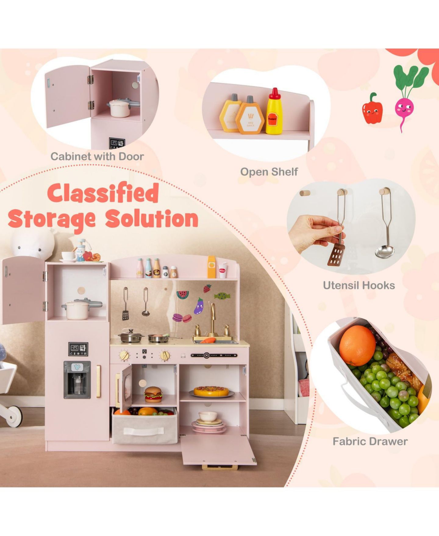 Детская игрушка Mecale Wooden Play Kitchen with Light-Up Microwave, Ice Maker, and Chalkboard, Ages 3+, цвет: Розовый — фото 7