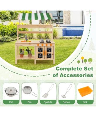 Mud Kitchen Fir Wood Play Kitchen with Canopy and Sink and 4 Stoves