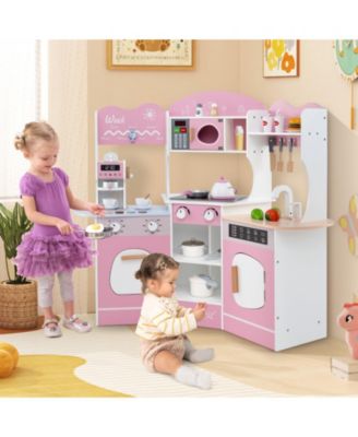 Corner Wooden Play Kitchen with Coffee Machine and Slide for Kids
