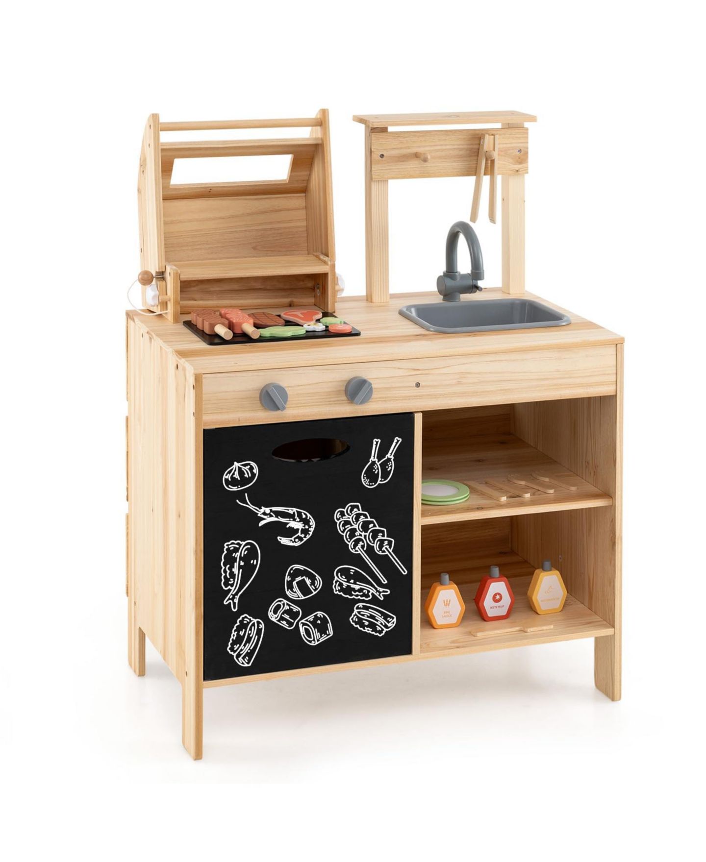 Детский игровой набор Mecale Wooden Barbecue Grill Playset with Chalkboard and Removable Sink, Ages 3+, цвет: Натуральный — фото 1