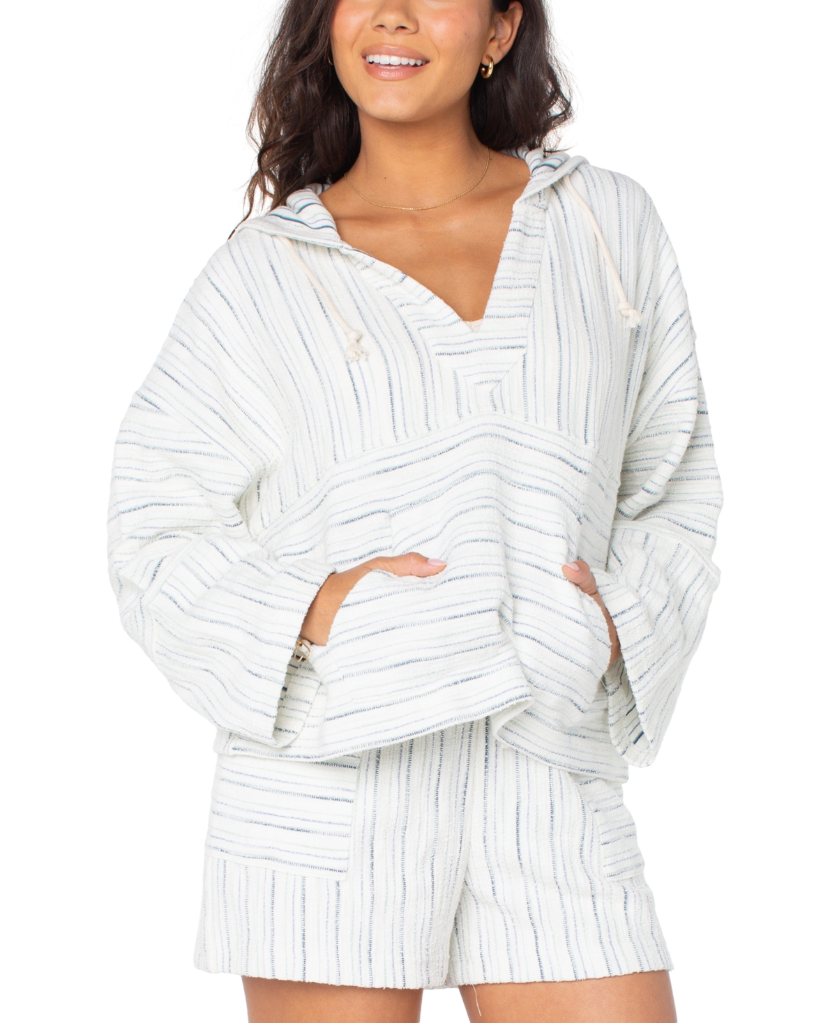 Juniors' Rich Coast Stripe Poncho Hoodie - Cloud Dancer