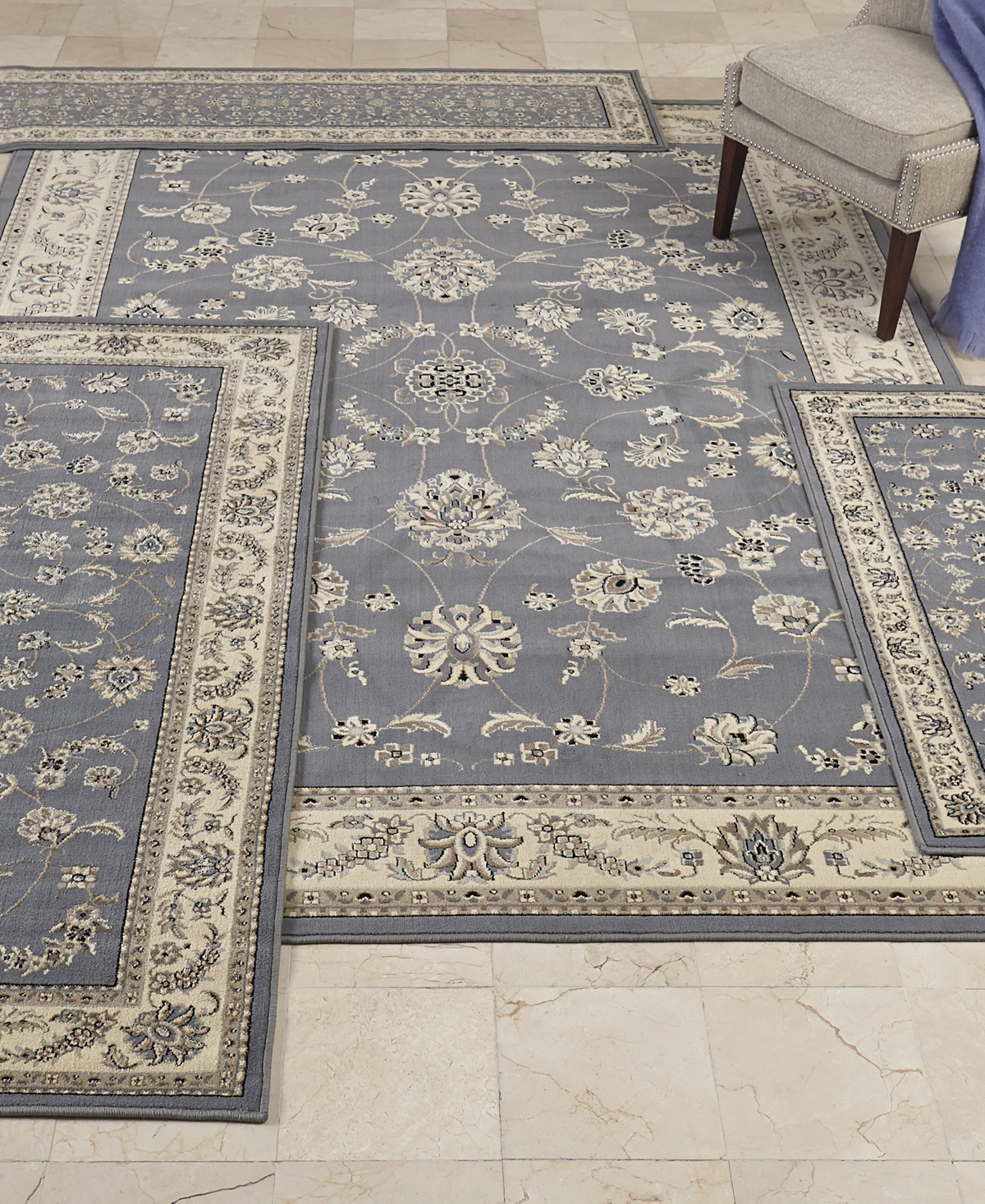 Km Home Area Rug Set, Florence Collection 4 Piece Set Isfahan In Grey,blue