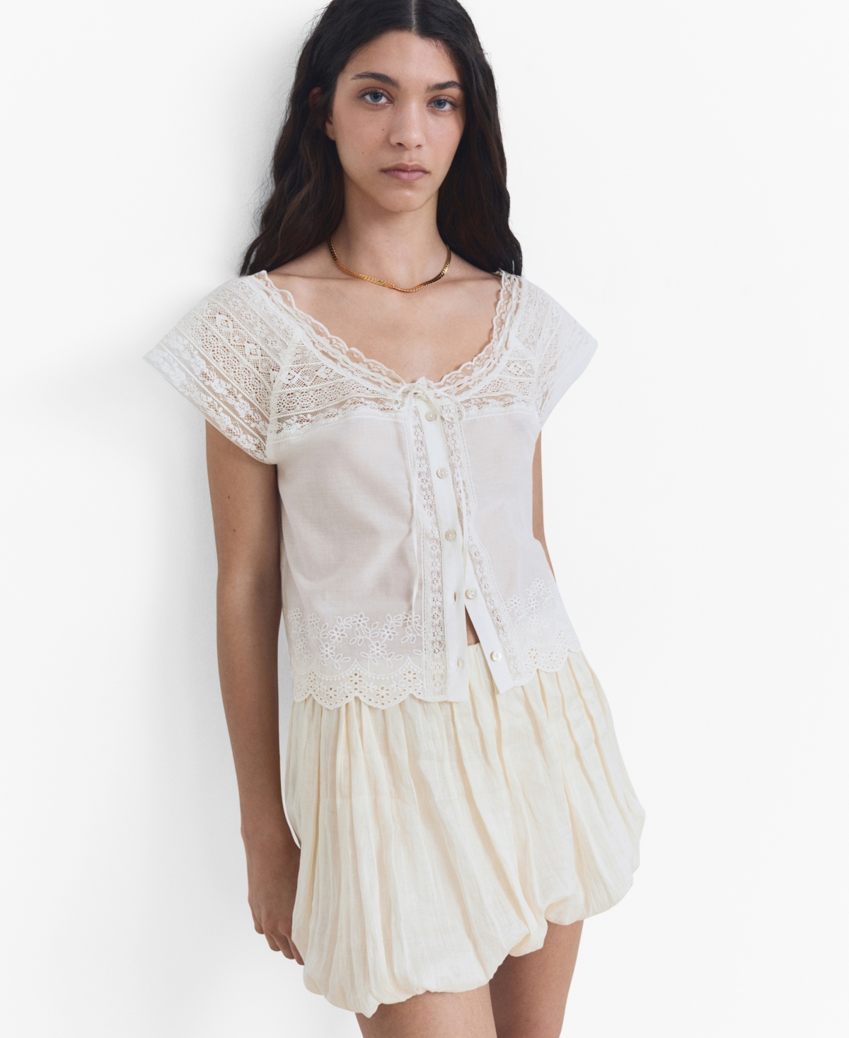 Women's Lace Details Cotton Blouse - Off White