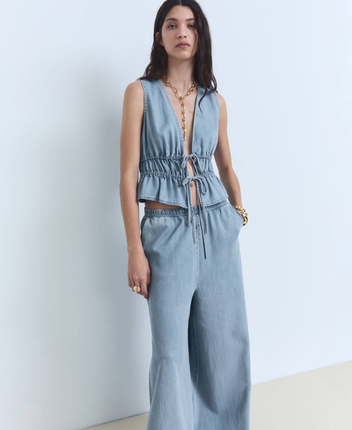 Mango Siros Tie Front Denim Vest In Blue