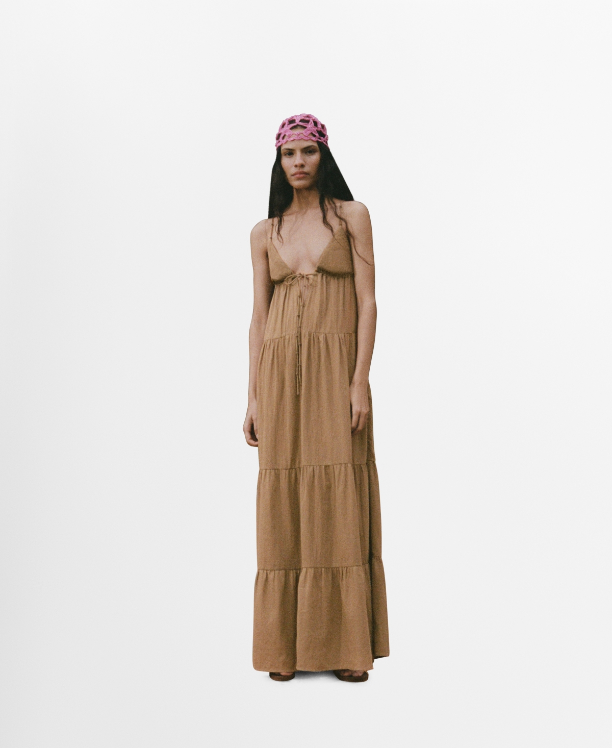 Mango Ruched Tiered Cotton Midi Sundress In Brown
