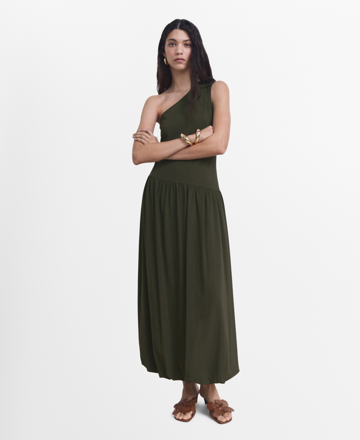 Mango One-shoulder Bubble Hem Midi Dress In Green