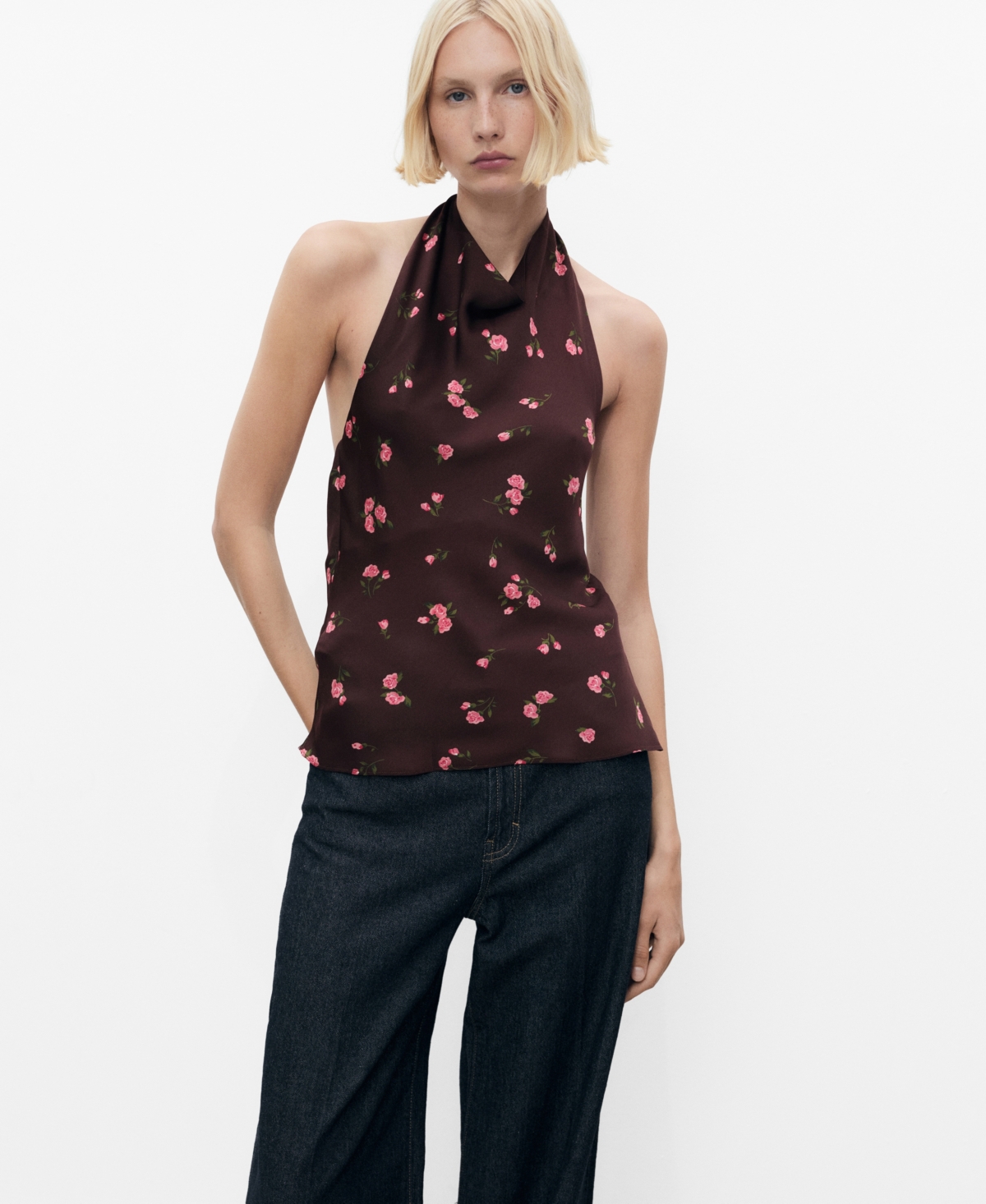 Women's Draped Floral Top - Chocolate