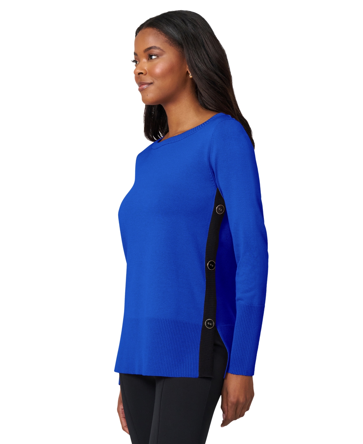 Melissa Paige Women's Contrast-trim Side-button Tunic Sweater In Blue