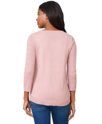 Women's Crewneck Pointelle 3/4-Sleeve Lightweight Sweater
