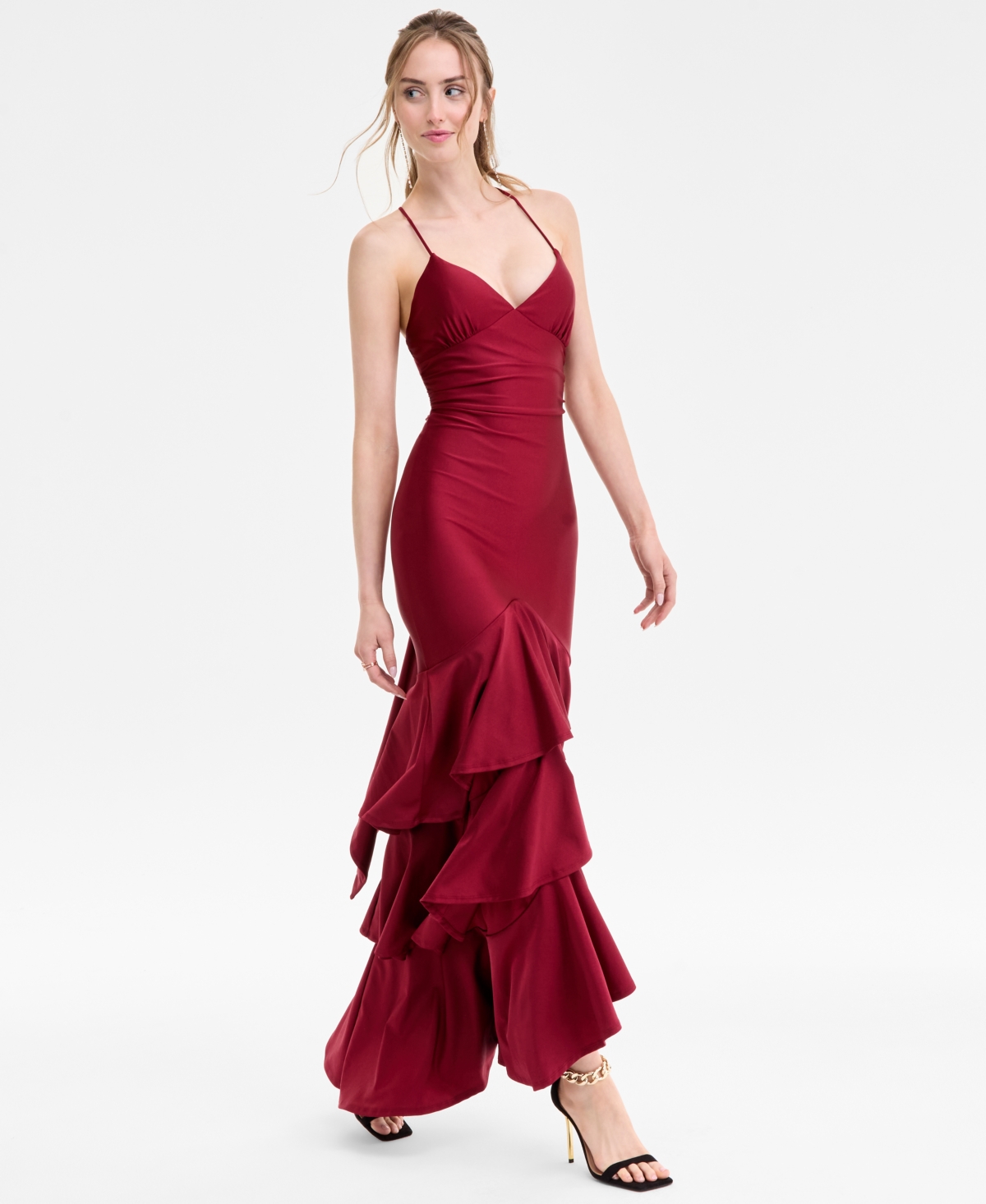 Katia Rae Juniors' V-neck Ruffled Tie-back Gown In Burgundy