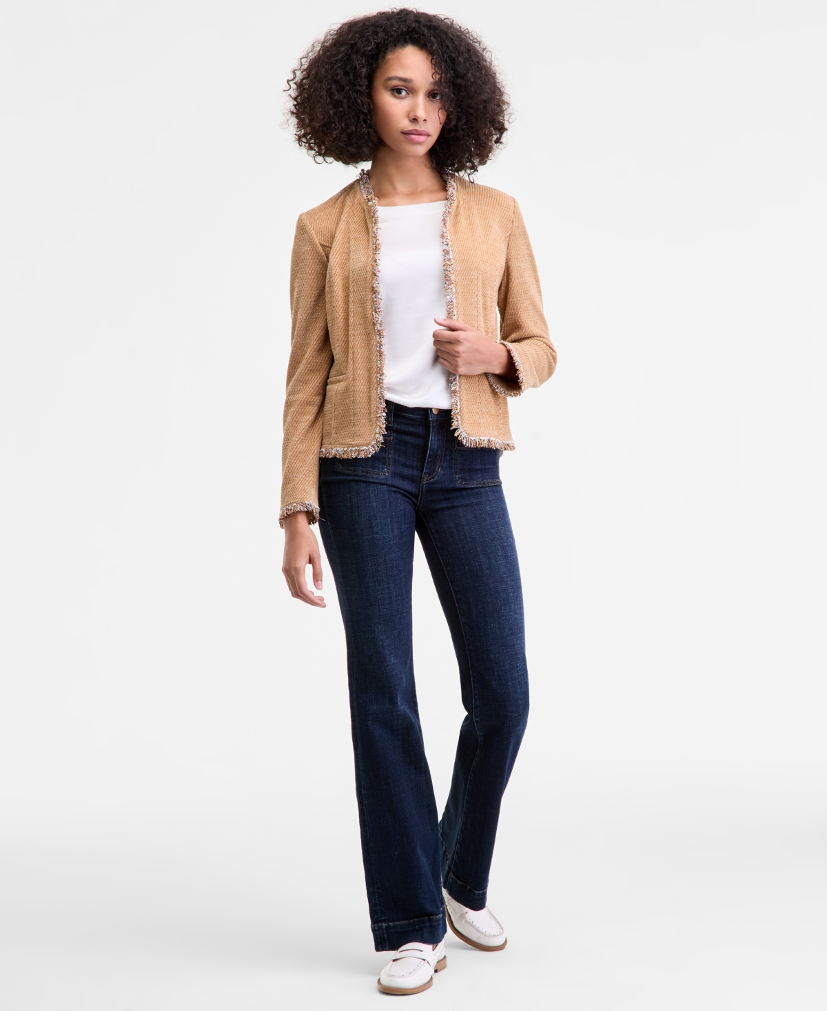 Liverpool Los Angeles Womens Collarless Fray Edge Jacket Sleeveless Woven To Knit Top Lucy Mid Rise Bootcut Jeans In Brown