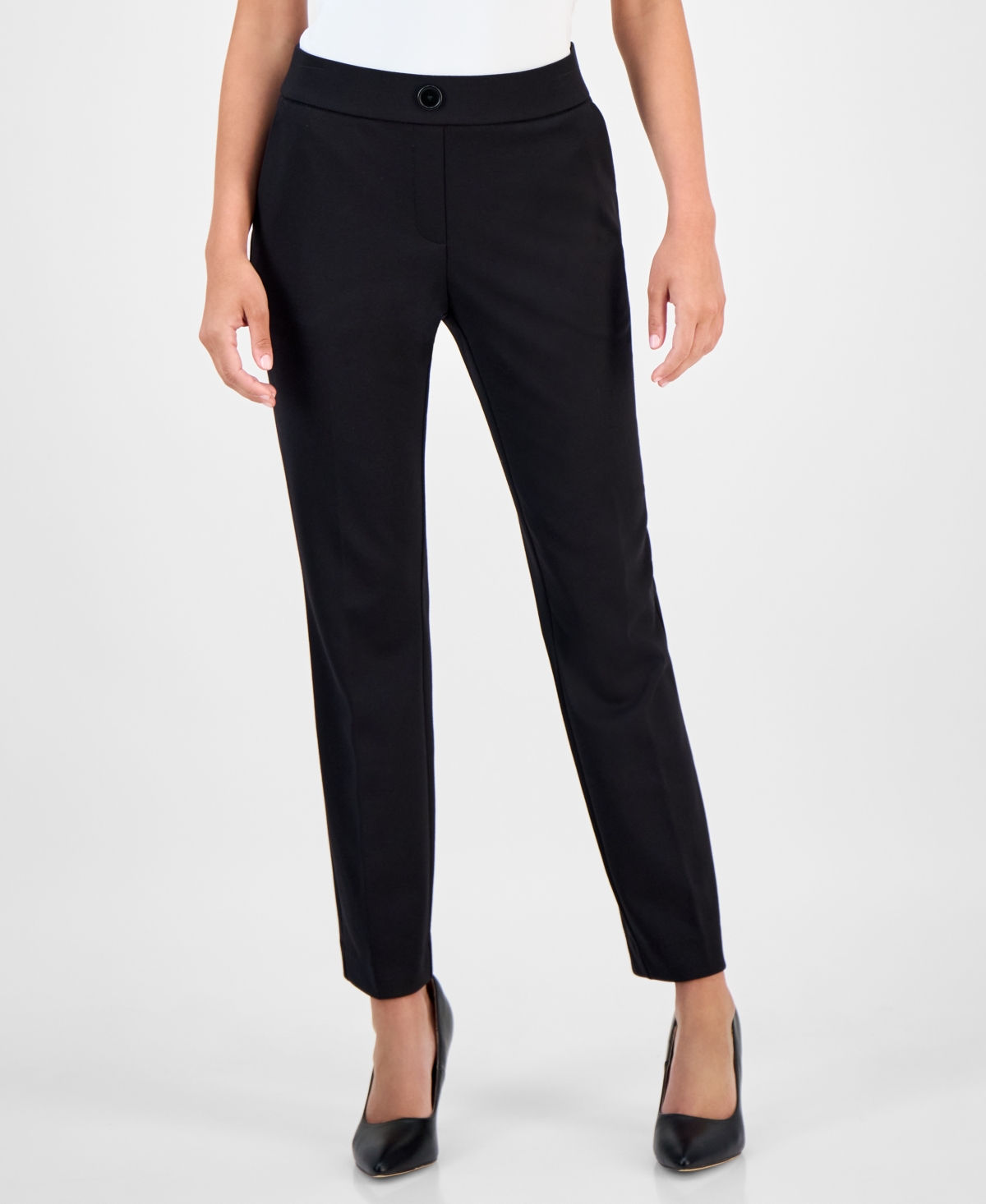Ak Anne Klein Petite Mid-rise Straight-leg Pants In Black