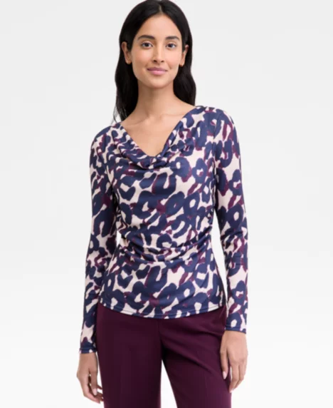 Petite Cowl-Neck Draped-Waist Top - Plum Leopard