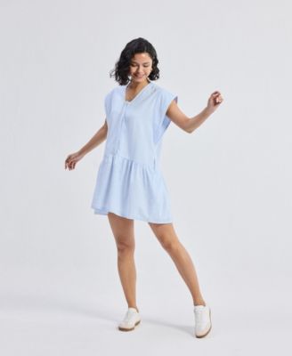 Women's Oversized V neck Short Dress with Frayed Sleeves