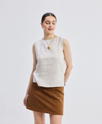 Women's Boat Neck Top in Checkered Linen