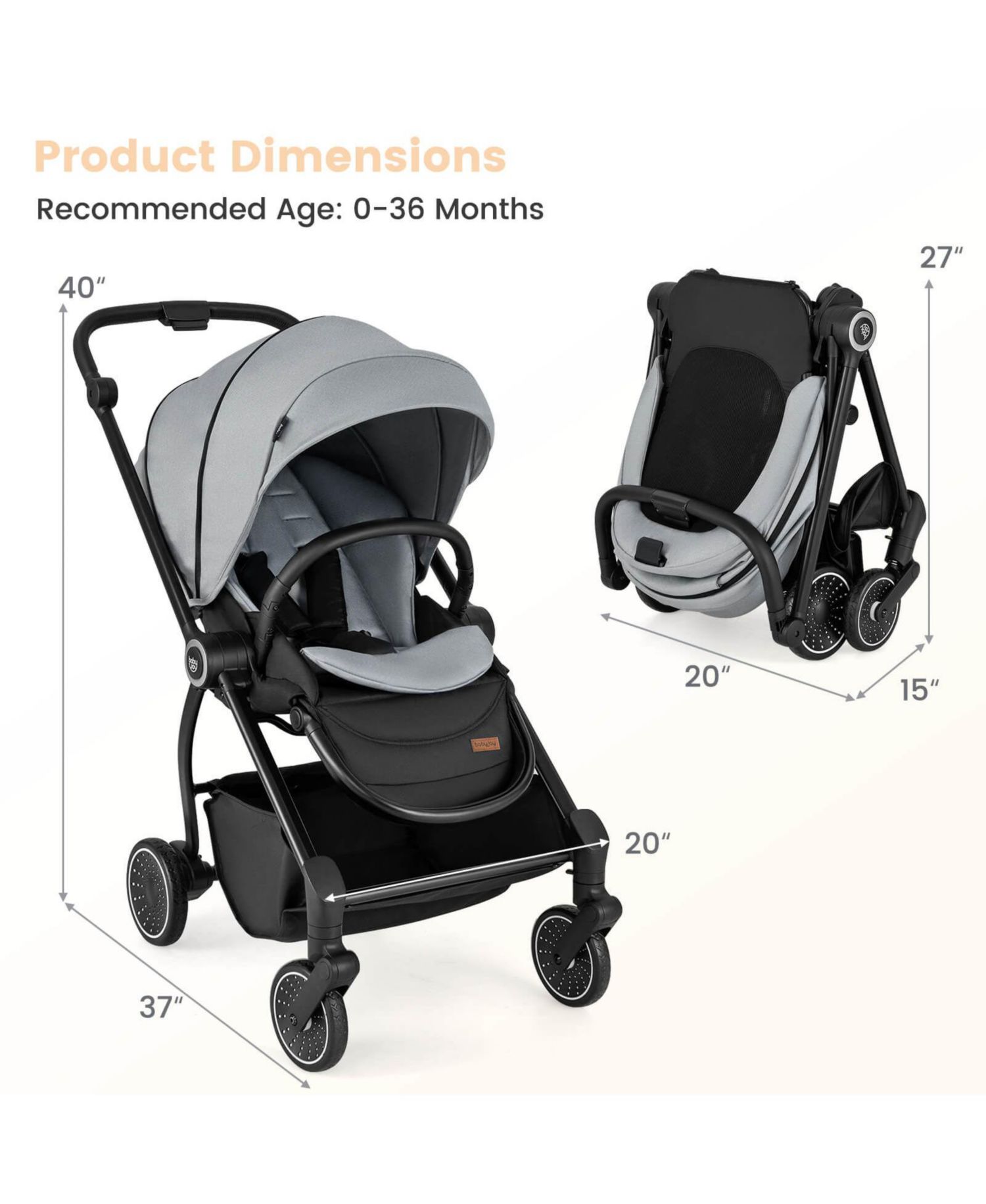 Baby Stroller Foldable Infant Pram with Reclining Backrest Handle