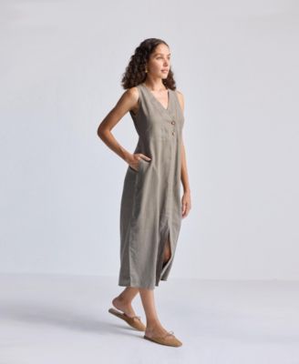 Straight Dress with Front Slit in Dark Green Hemp