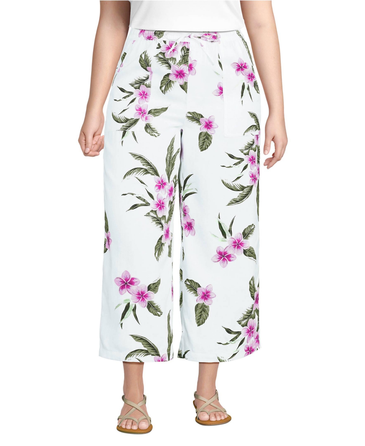 Women's High Rise Drawstring Linen Wide Leg Crop Pants - White/magenta plumeria