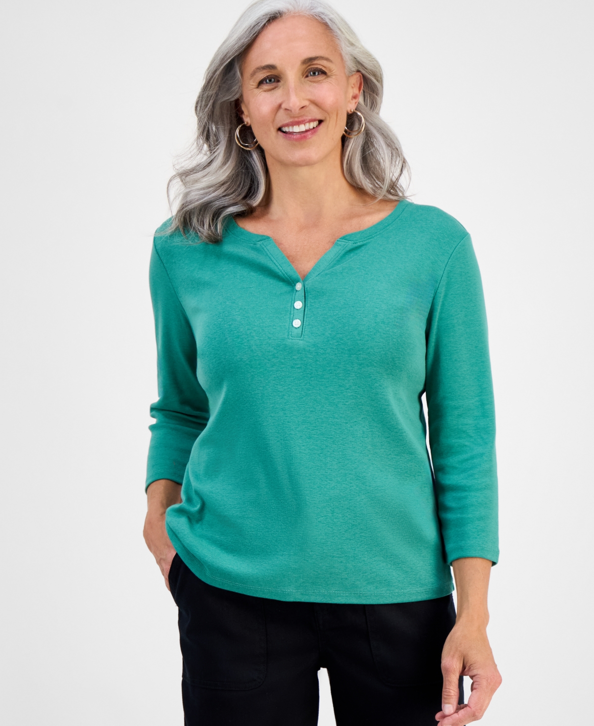 Style & Co Petite Cotton Knit Henley 3/4-sleeve Top, Created For Macy's In Green