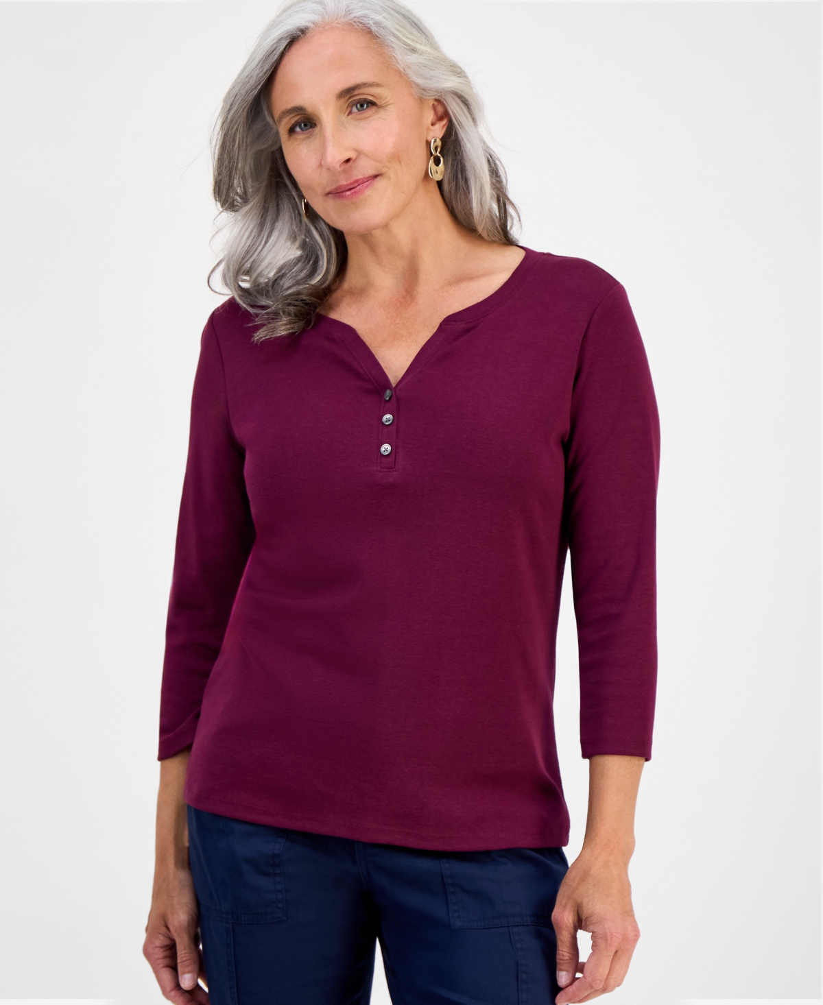 Petite Cotton Knit Henley 3/4-Sleeve Top, Created for Macy's - Bright White