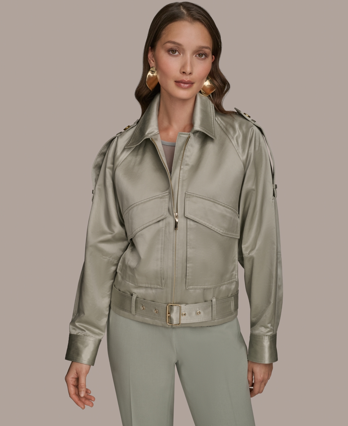 Women's Satin Zip-Front Belted Jacket - Weathered Sage