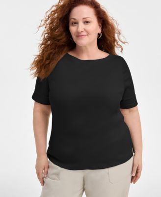 Plus Size Boat-Neck Elbow Sleeve Cotton Top, Exclusively at Macy's