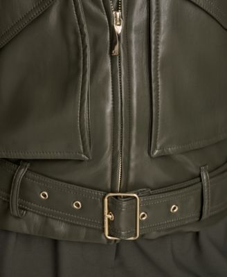 Women's Faux-Leather Zip-Front Belted Jacket