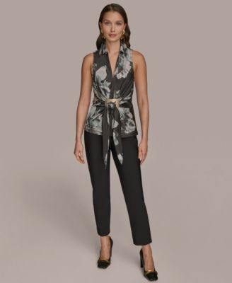 Women's Printed Sleeveless Faux-Wrap Hardware Top