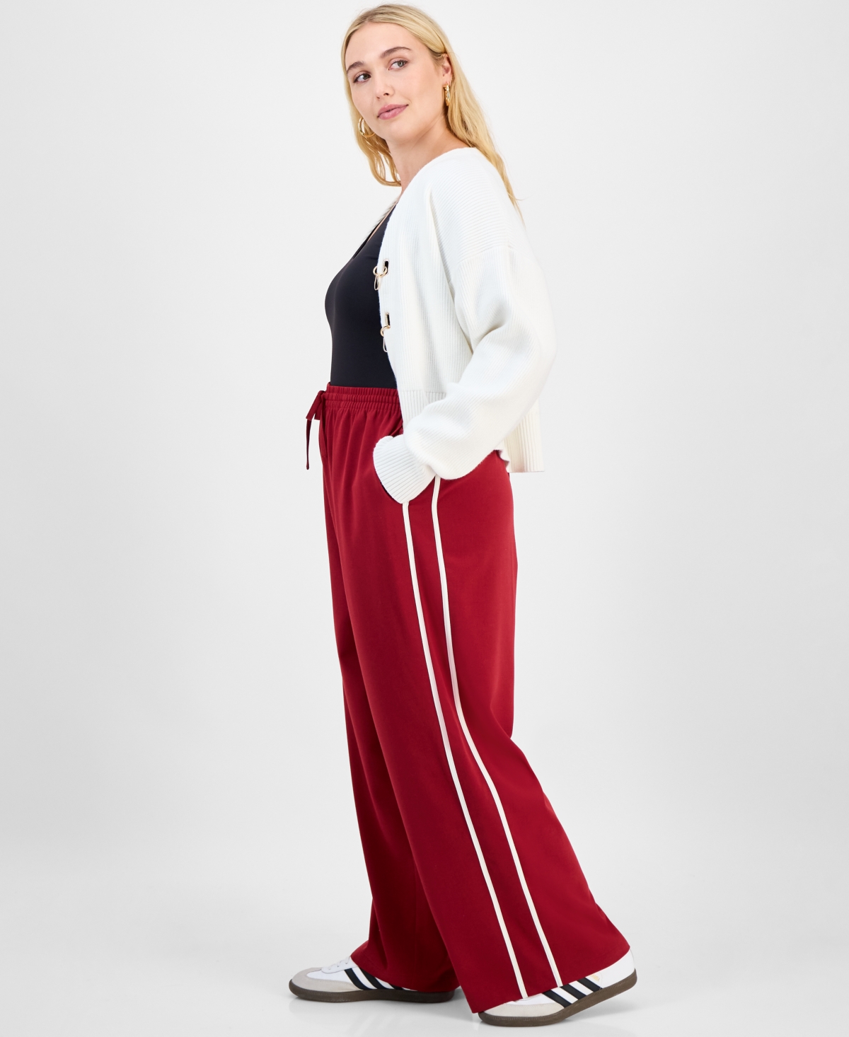 Bar Iii Trendy Plus Side-stripe Wide Track Pants, Macy's Exclusive In Red