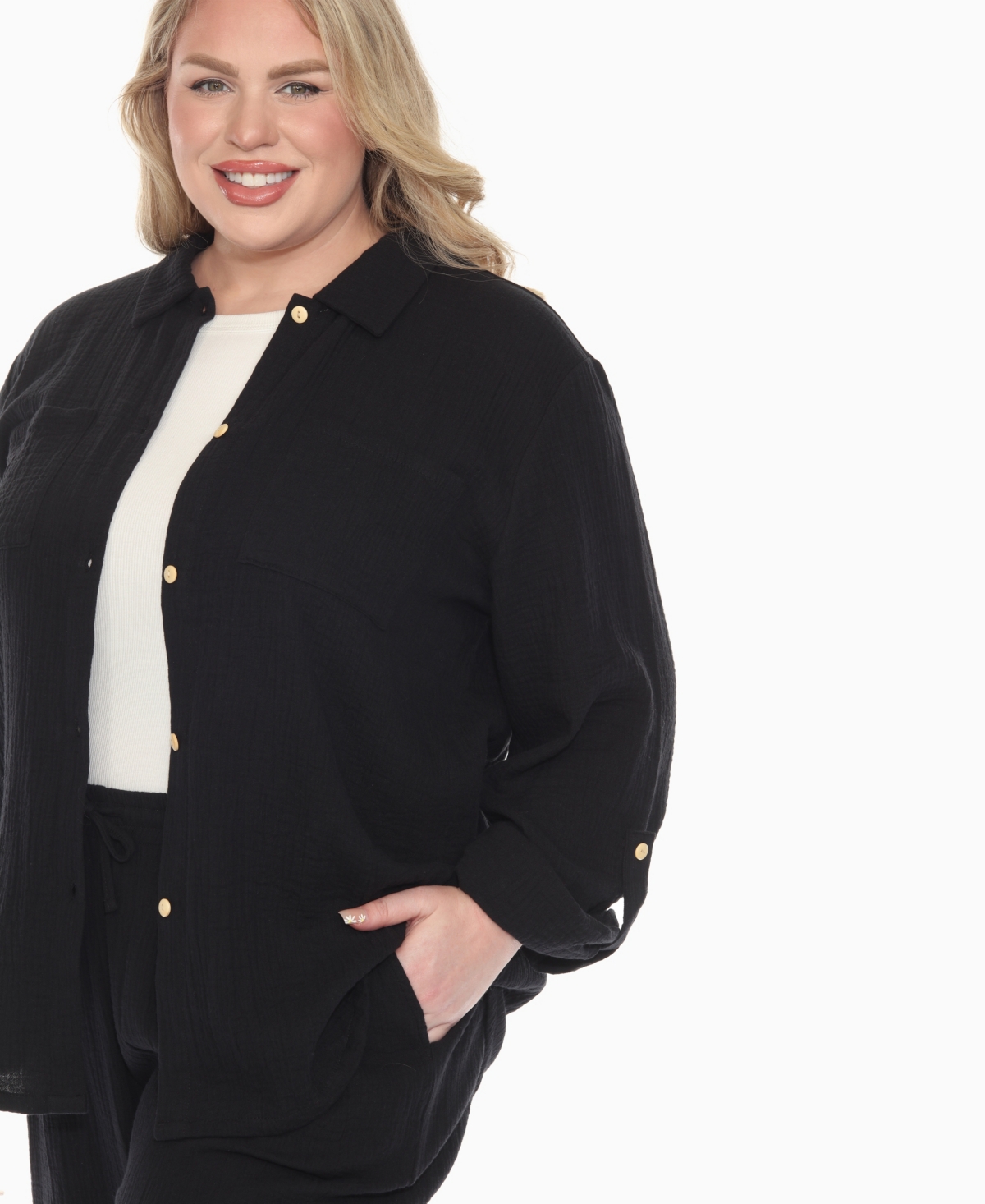 White Mark Plus Size Long Sleeve Button Down Cotton Gauze Set In Black