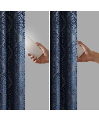 Mirage Knitted Jacquard Damask Total blackout curtains for bedroom, Silver grommet top fit up to 1.25 inches rod Single Curtain Panel for Living Room, Width 50 length 108 inches, Pitch Black Ambiance Navy 1 Window Panel