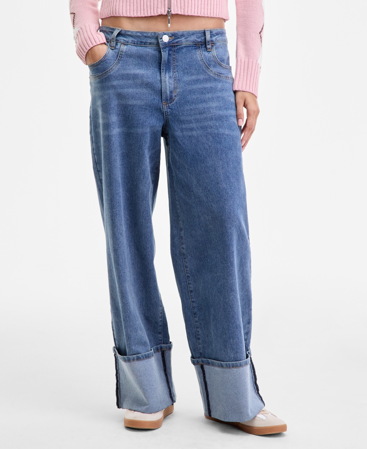 Madden Girl Juniors' High-rise Cuffed Bow-embroidery Jeans In Blue