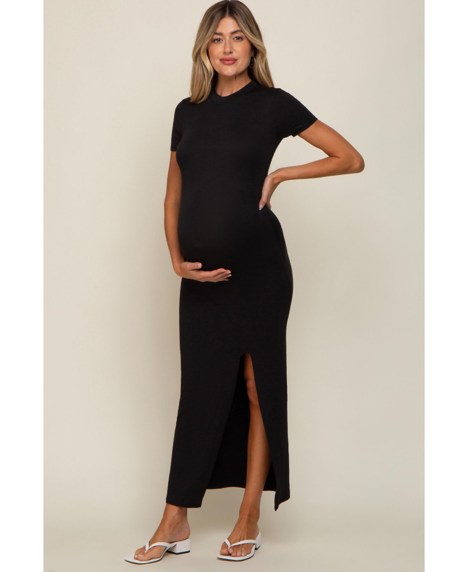 Women's Black Mock Neck Front Slit Short Sleeve Maxi Dress