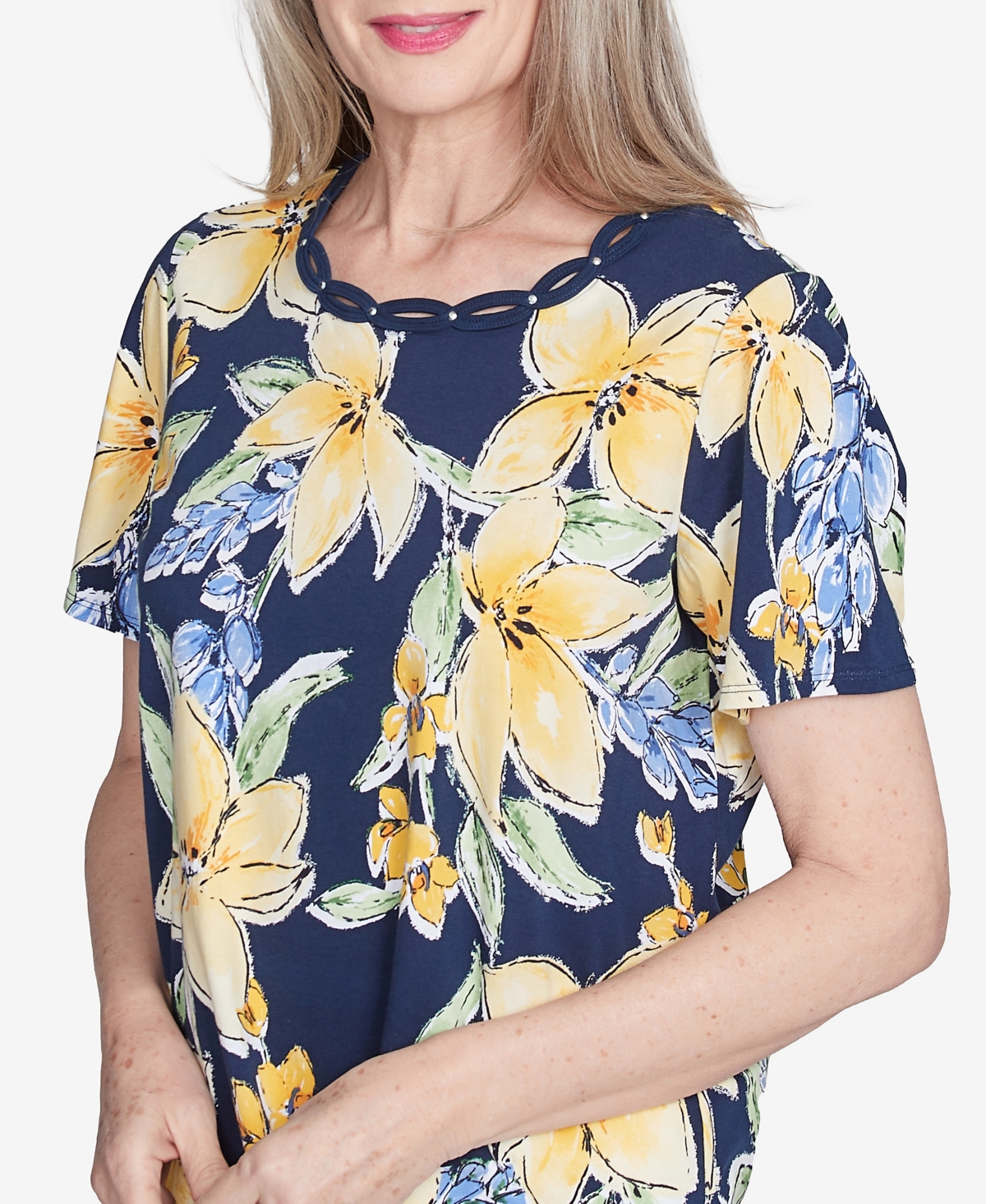 Alfred Dunner Petite Navy Floral Braided Crew Neck Top