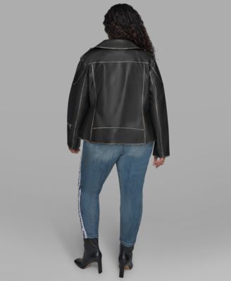 Plus Size Asymmetric Faux-Leather Belted Moto Coat