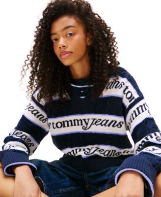 Women's V-Neck Stripe Logo Cotton Sweater