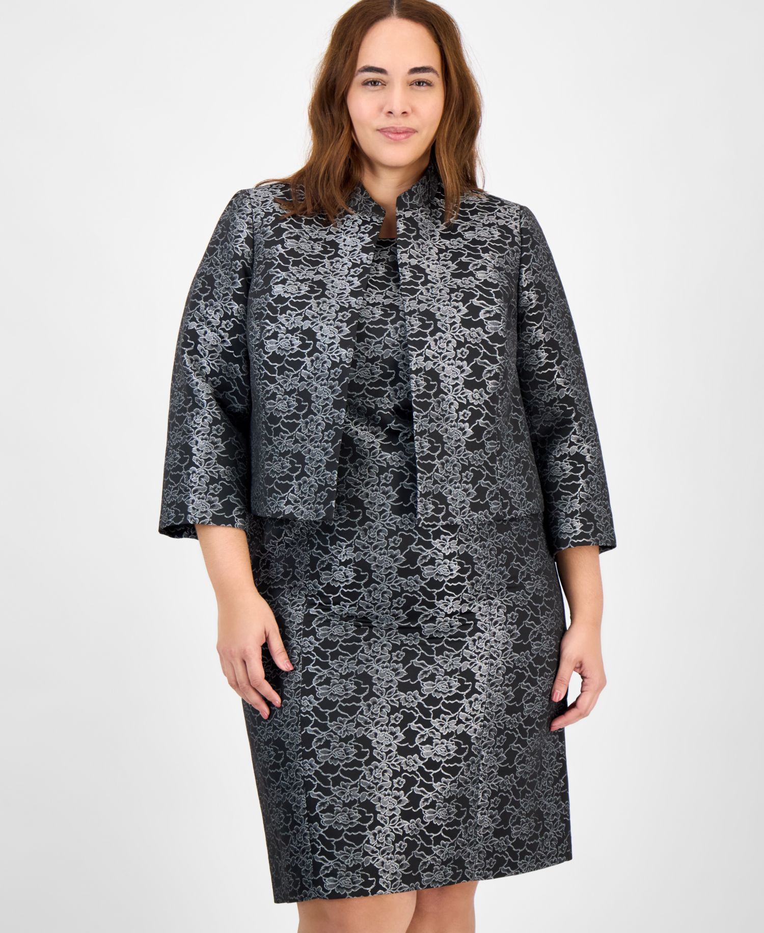 Plus Size Floral Jacquard Sleeveless Sheath 2 Piece Dress Suit