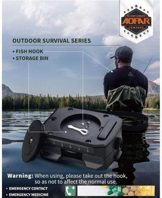 AF-4090 Lensatic Compass, Aluminum Alloy, Signal Mirror, Whistle, Fishing Hook for Hiking, Camping, Fishing, Boatin
