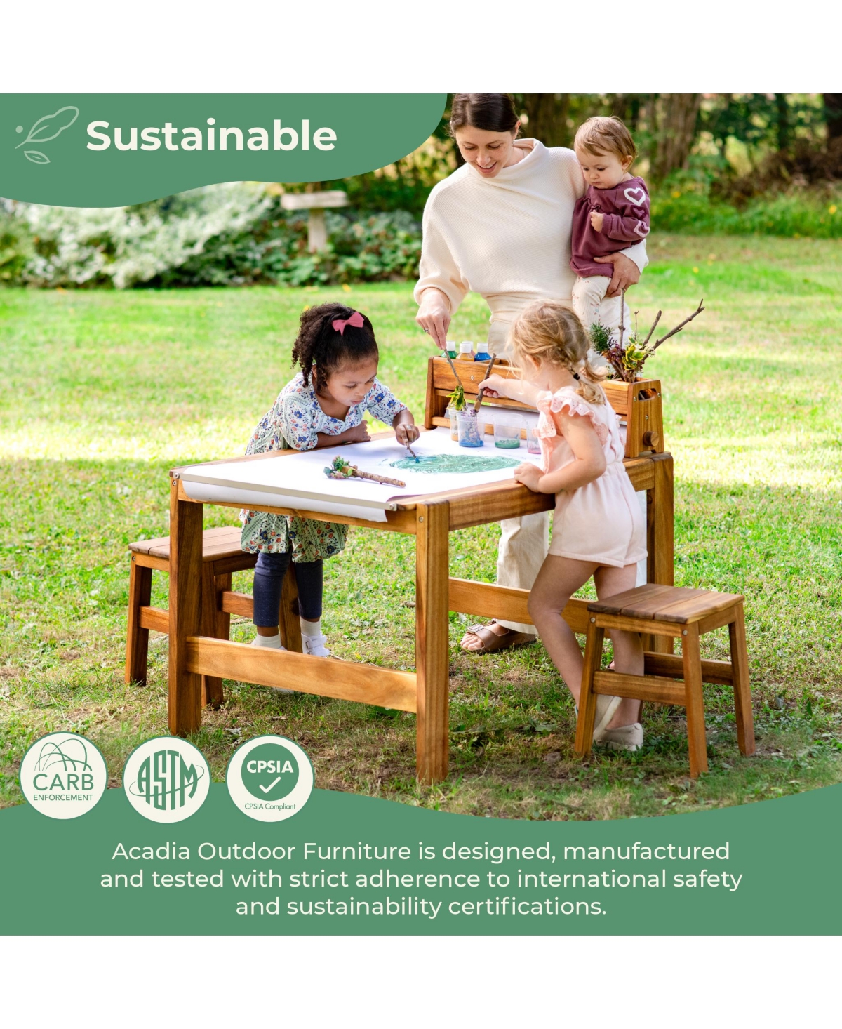 Guidecraft Acadia Outdoor Art Table and Stool Set: Acacia Wood Arts & Crafts Table w/ Storage Paper Roll & Paint Cups Multi Purpose Kids Picnic Table