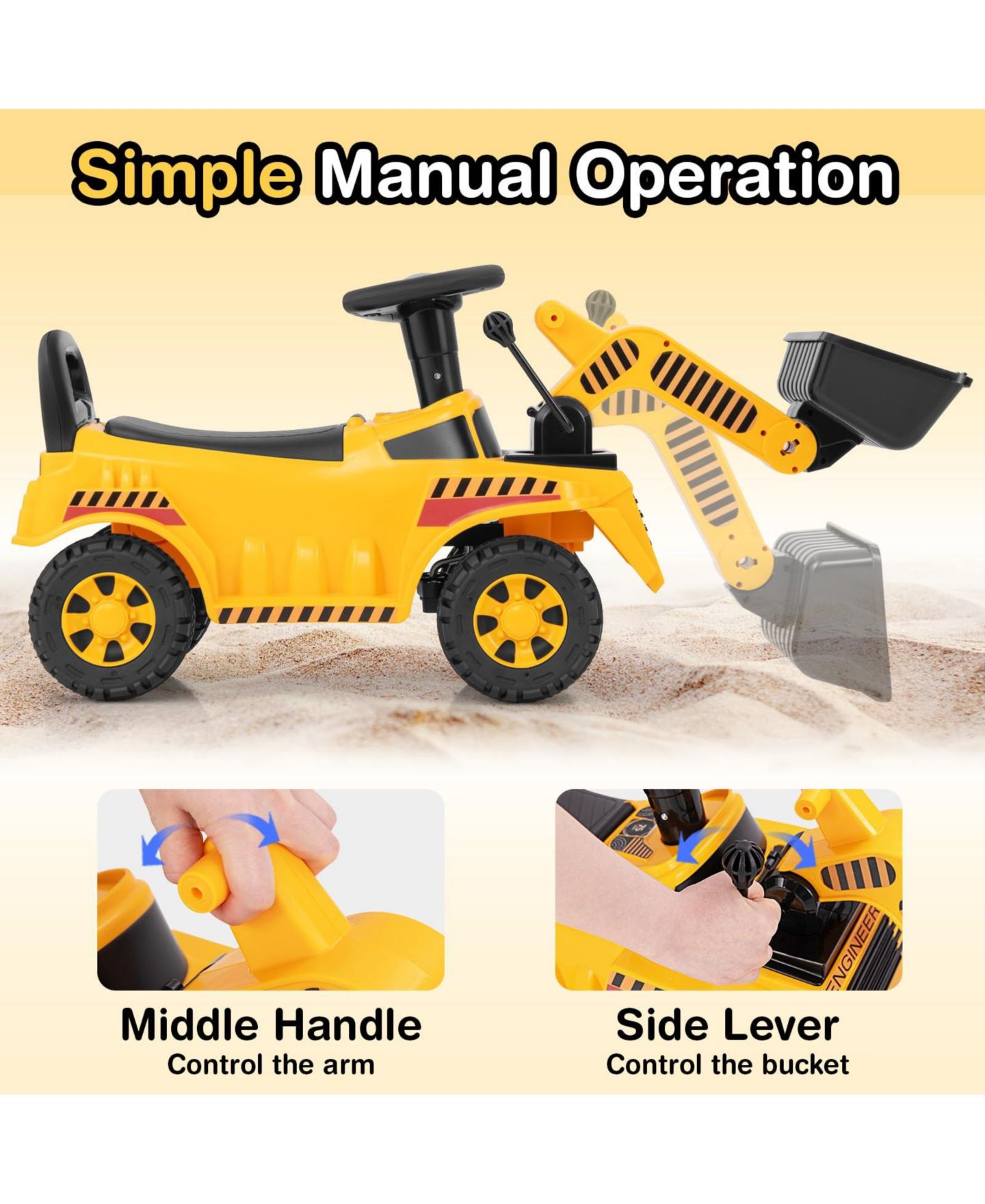 Детская игрушка Mecale Ride on Bulldozer Excavator Digger Toy with Adjustable Bucket, цвет: Жёлтый — фото 4