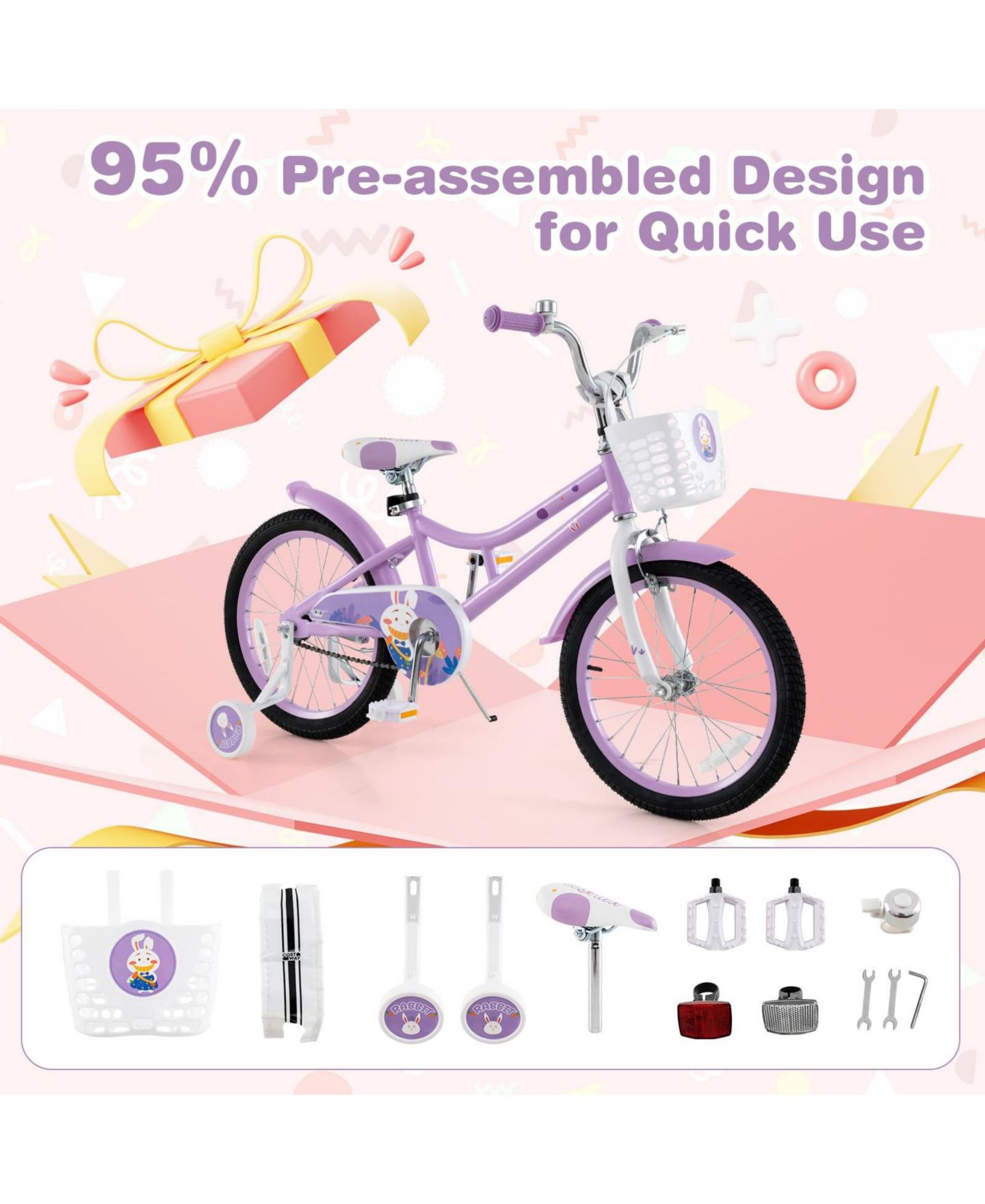 Детская игрушка Mecale 18 Inch Girl Bike with Basket with Detachable Training Wheels for 4-8 Years Old, цвет: Фиолетовый — фото 7