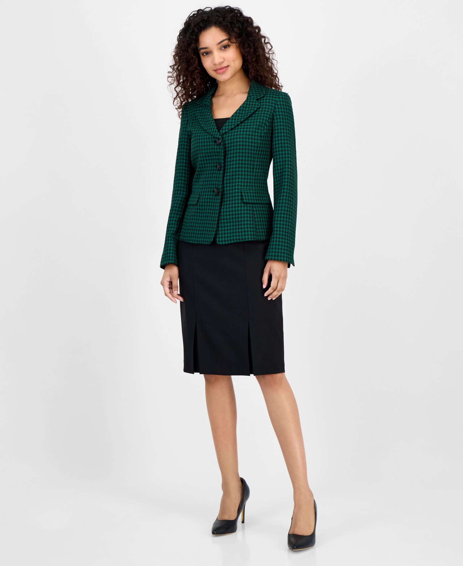 Women's Houndstooth Jacket & Pleated Pencil 2 Piece Skirt Suit